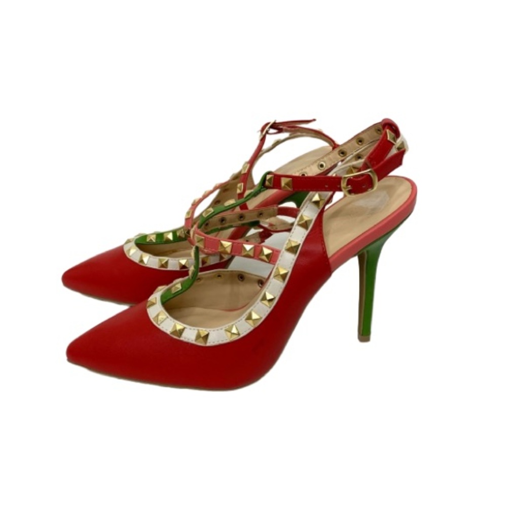 Wild Diva Lounge Red Pink Green White Colorblock Gold Studded T-Strap High Heels